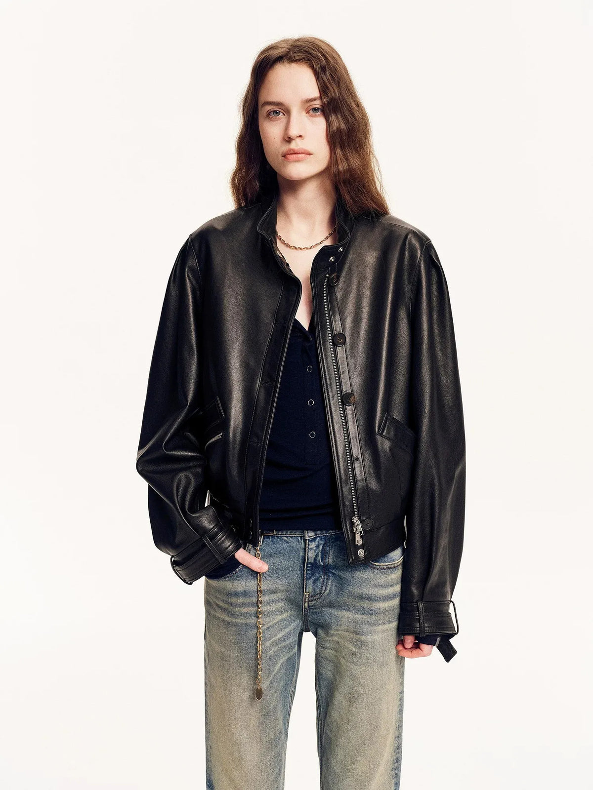 Firelady Fur Women's Suede &amp; Oil-Wax Sheepskin Cropped Jacket – Puff-Sleeve Stand-Collar Design with Dual-Material Panels