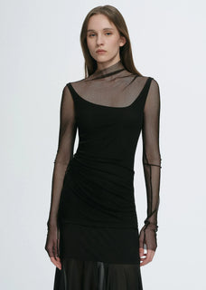 Double-layer transparent oblique collar pinched pleat half-high collar slim fit fake two-piece knitted T-shirt tops for women