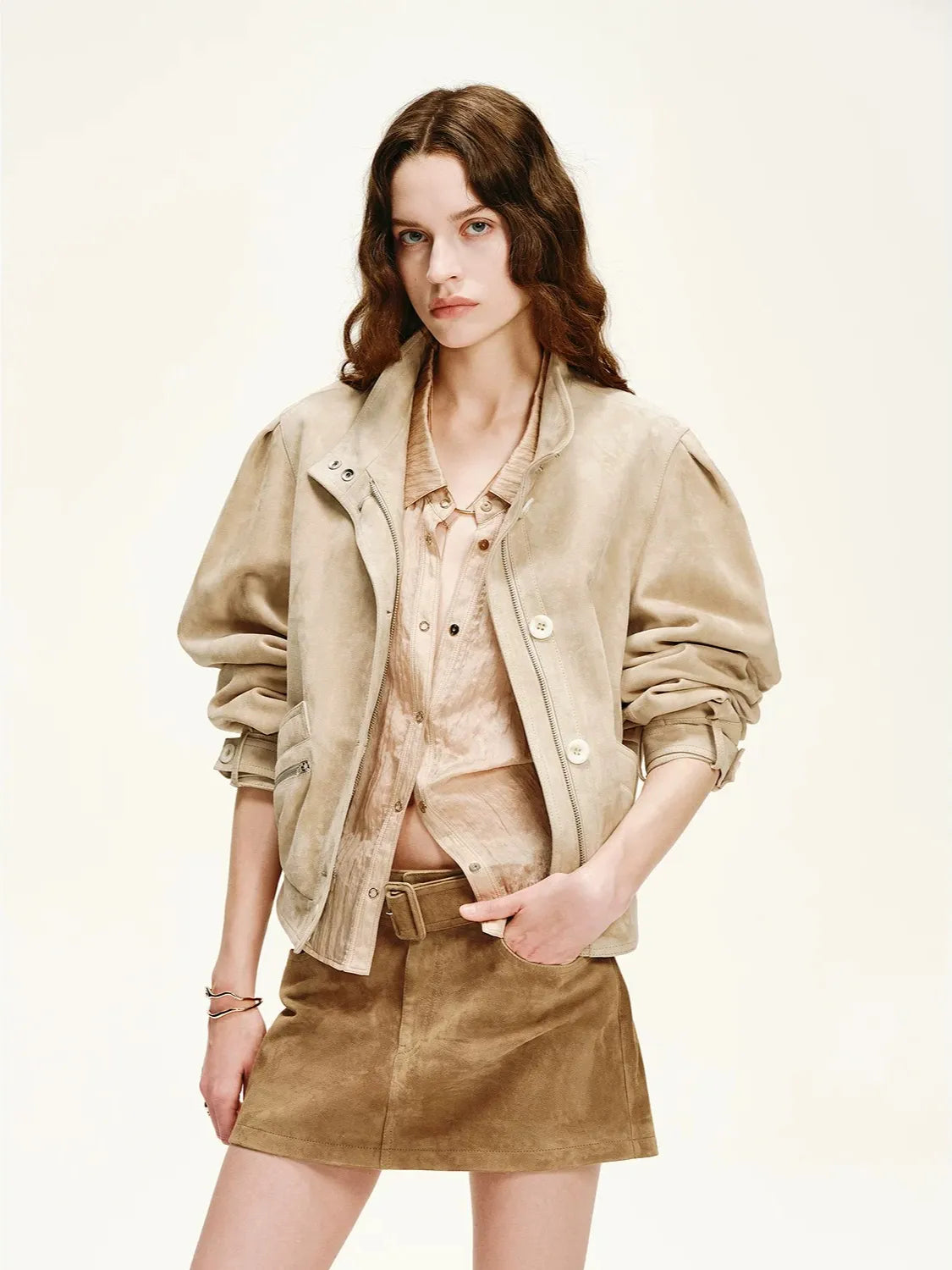 Firelady Fur Women's Suede & Oil-Wax Sheepskin Cropped Jacket – Puff-Sleeve Stand-Collar Design with Dual-Material Panels