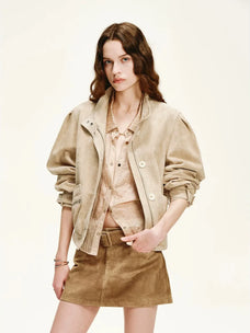 Firelady Fur Women's Suede & Oil-Wax Sheepskin Cropped Jacket – Puff-Sleeve Stand-Collar Design with Dual-Material Panels