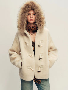 Firelady Fur Women's Hooded Merino Shearling Coat with Detachable Fur Collar and Toggle Closure