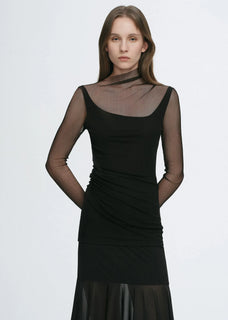 Double-layer transparent oblique collar pinched pleat half-high collar slim fit fake two-piece knitted T-shirt tops for women
