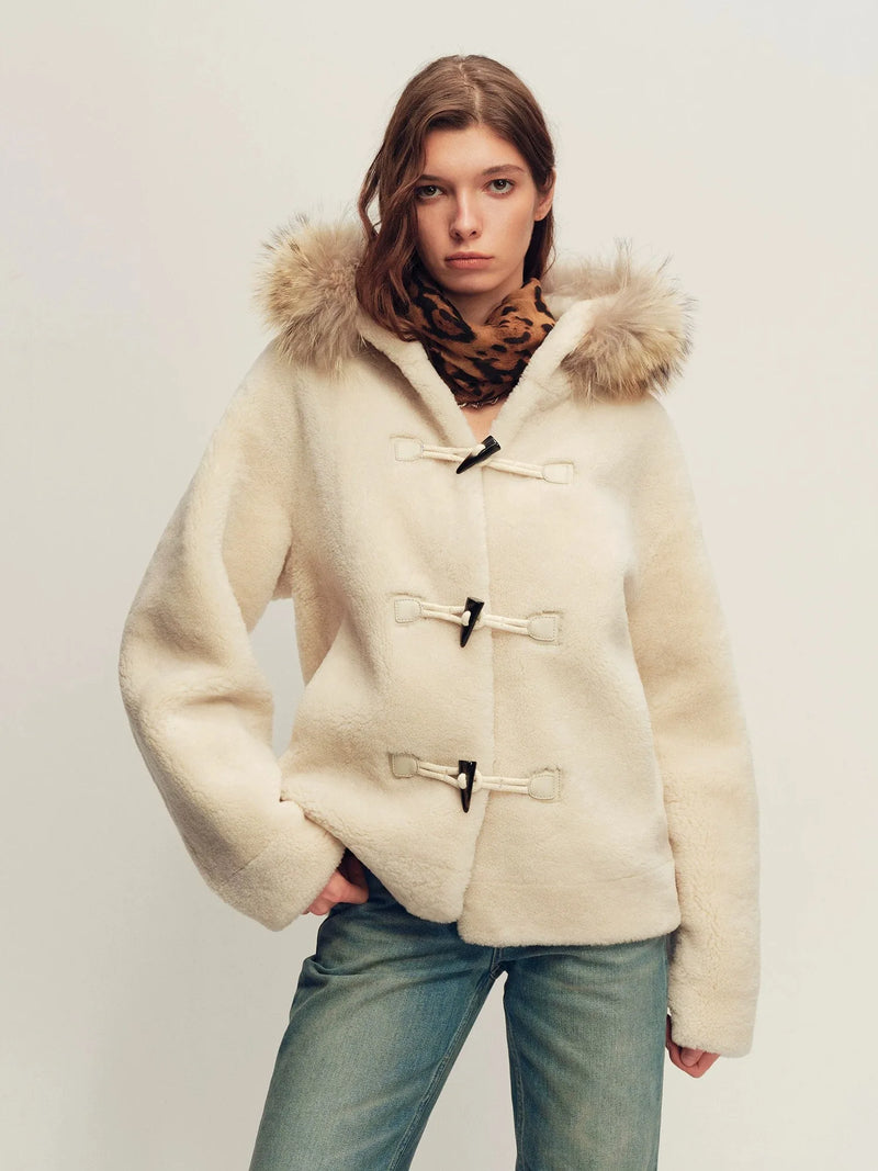 Firelady Fur Women's Hooded Merino Shearling Coat with Detachable Fur Collar and Toggle Closure