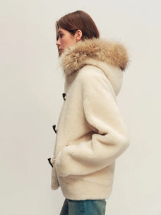 Firelady Fur Women's Hooded Merino Shearling Coat with Detachable Fur Collar and Toggle Closure