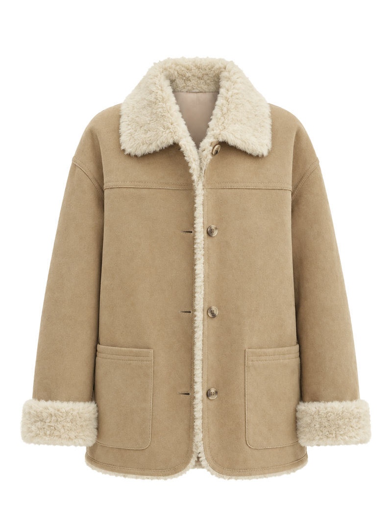 Firelady Fur Women's Reversible Faux Suede & Wool Shearling-Style Coat – Notched Collar