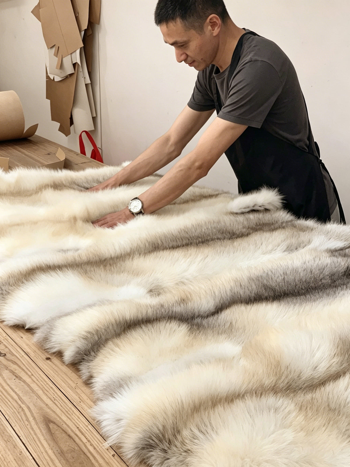 
Fur material being arranged on a studio worktable.