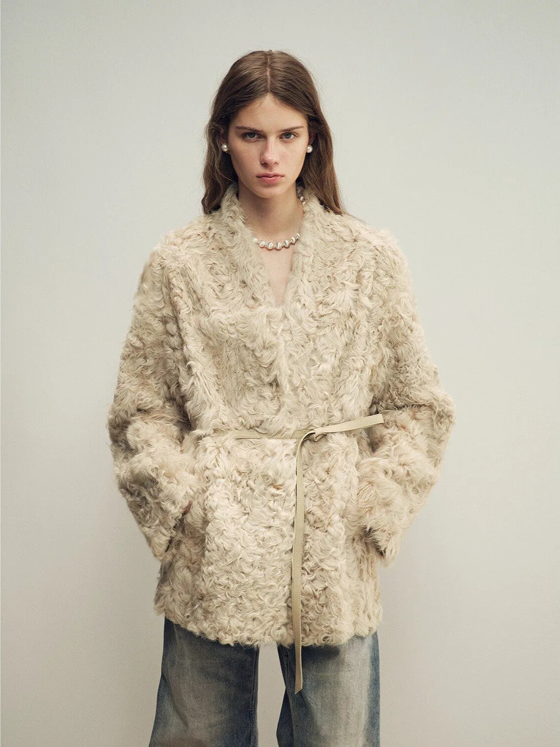 Firelady Fur Women's Shearling Coat - Belted V-Neck