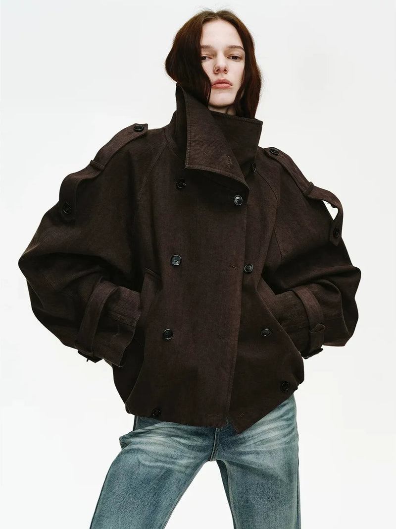 Firelady Fur Women's Washed Combed Cotton Double-Breasted Jacket – Convertible Stand Collar