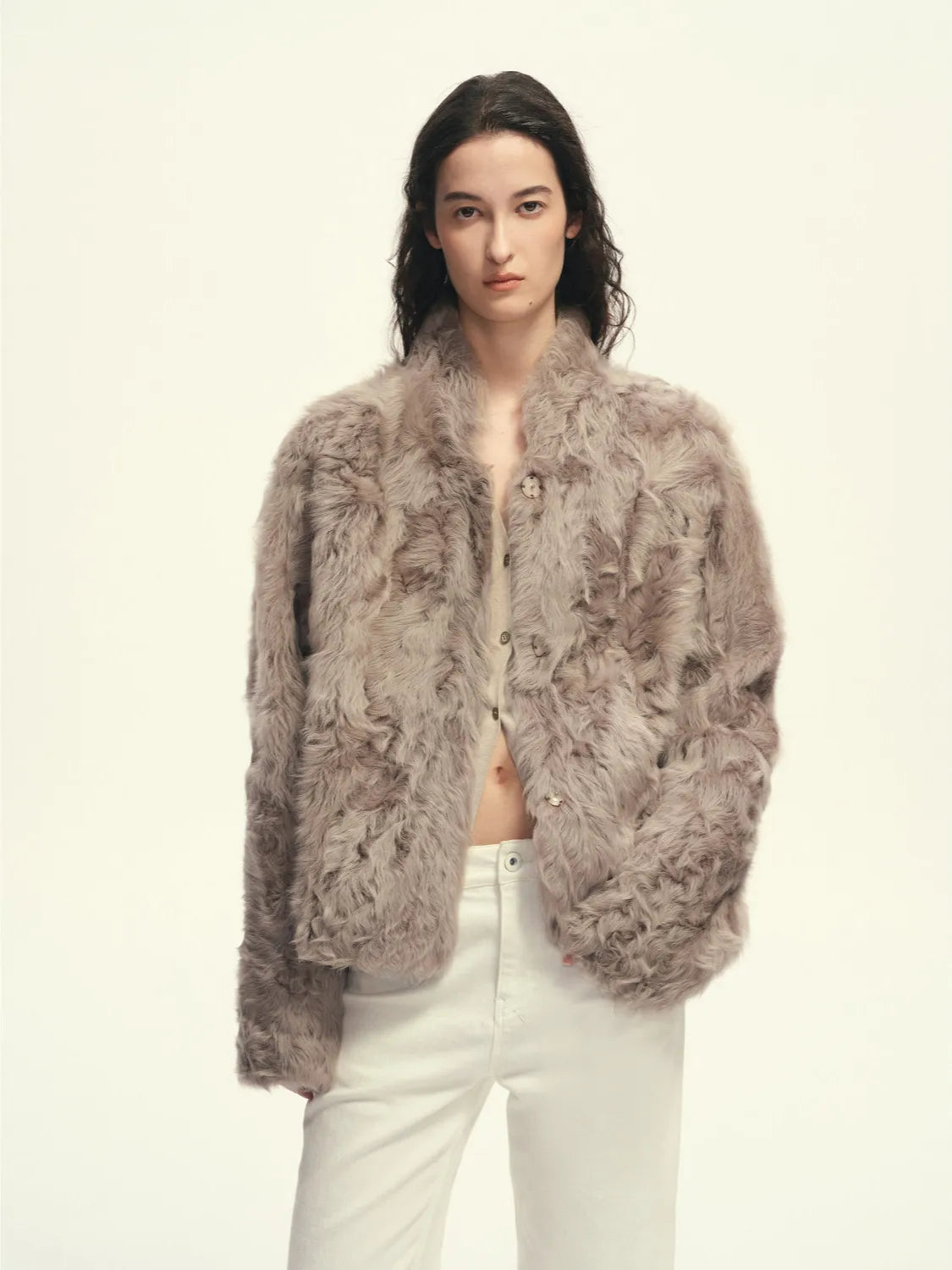 Firelady Fur Women's Young Hu Sheep Shearling Coat – Lightweight Cropped Jacket with Natural Curl Texture & Convertible Collar