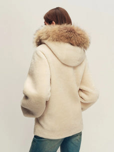 Firelady Fur Women's Hooded Merino Shearling Coat with Detachable Fur Collar and Toggle Closure