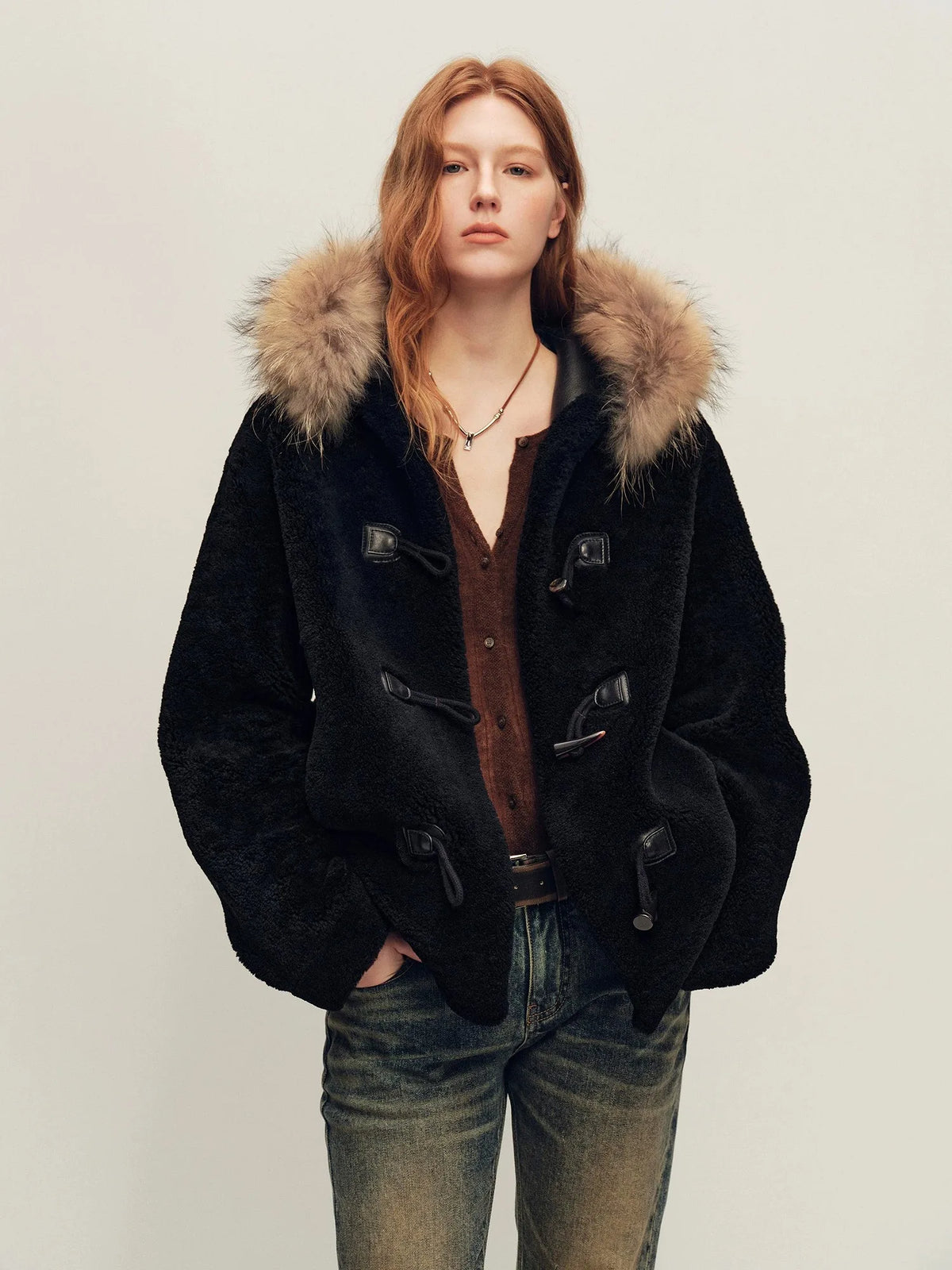 Firelady Fur Women's Hooded Merino Shearling Coat with Detachable Fur Collar and Toggle Closure