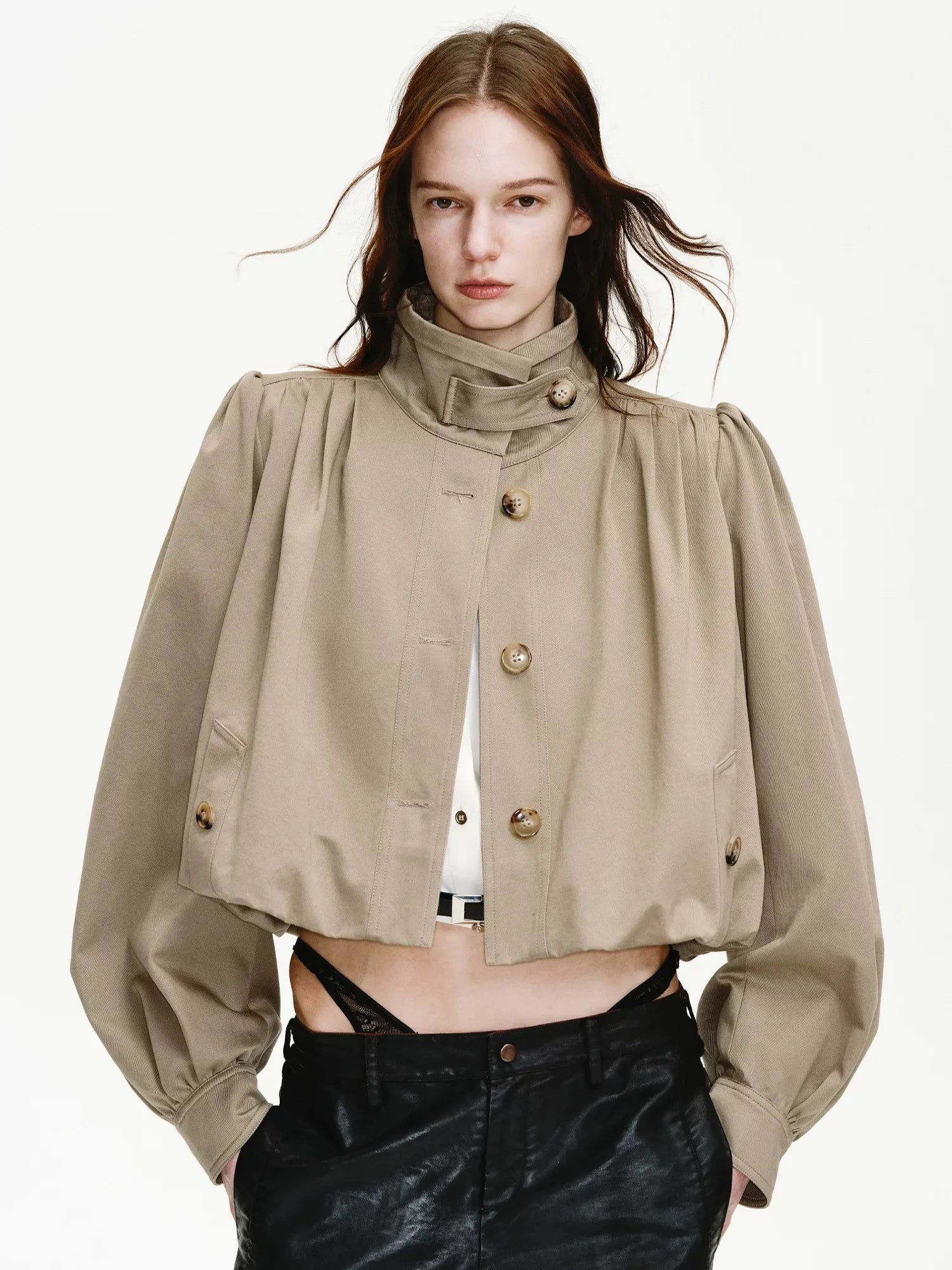 Firelady Fur Women's Cropped Trench Jacket – Ruched Balloon Sleeves