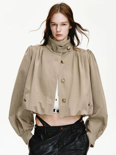 Firelady Fur Women's Cropped Trench Jacket – Ruched Balloon Sleeves