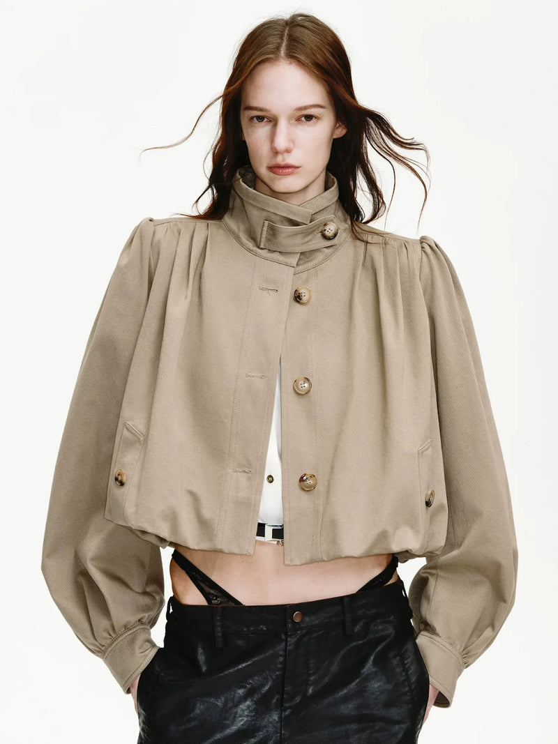 Firelady Fur Women's Cropped Trench Jacket – Ruched Balloon Sleeves