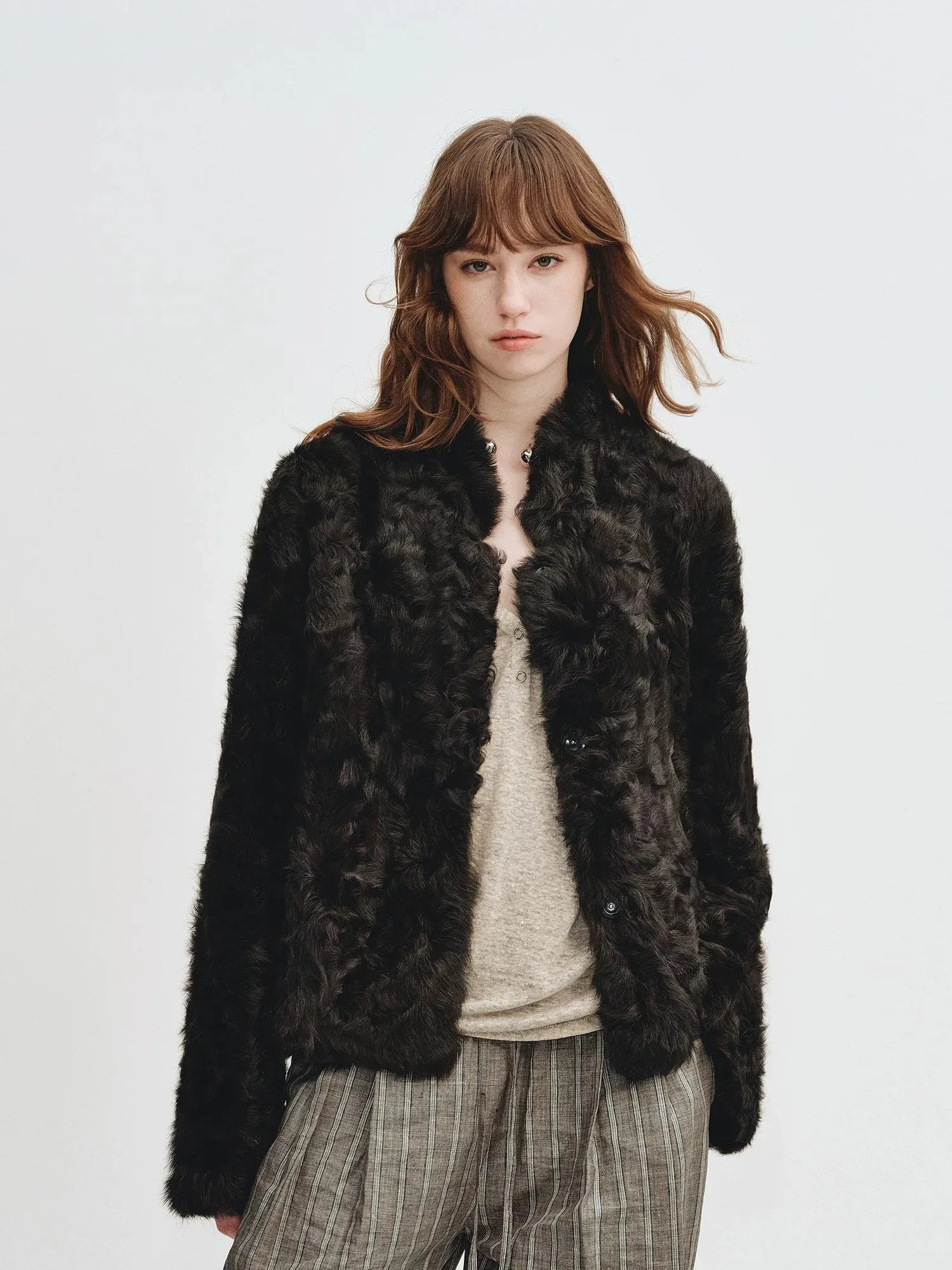 Firelady Fur Women's Young Hu Sheep Shearling Coat – Lightweight Cropped Jacket with Natural Curl Texture & Convertible Collar