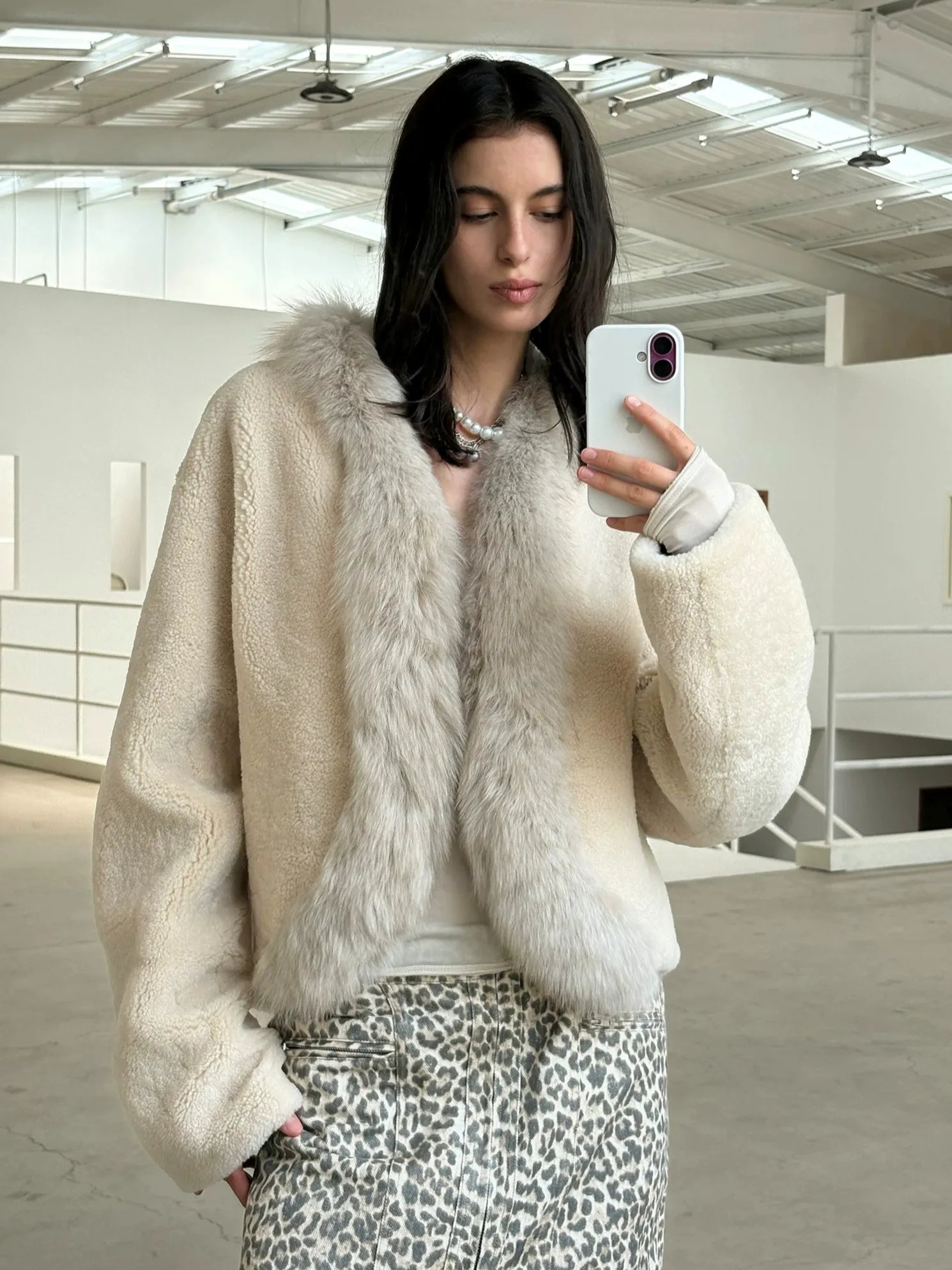 Firelady Fur Women's South African Merino Shearling Coat – Ombré Fox Fur Collar & Placket