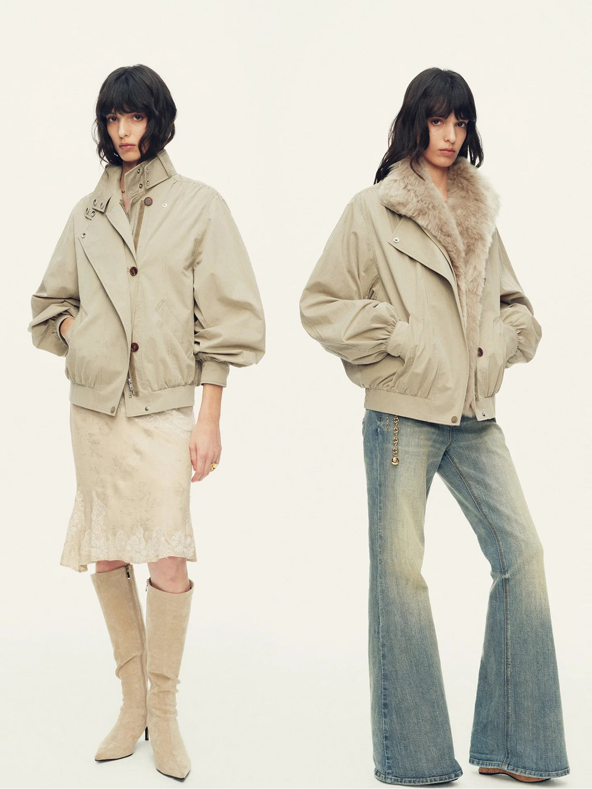 Firelady Fur Women's Goose Down Bomber Jacket with Detachable Shearling Collar