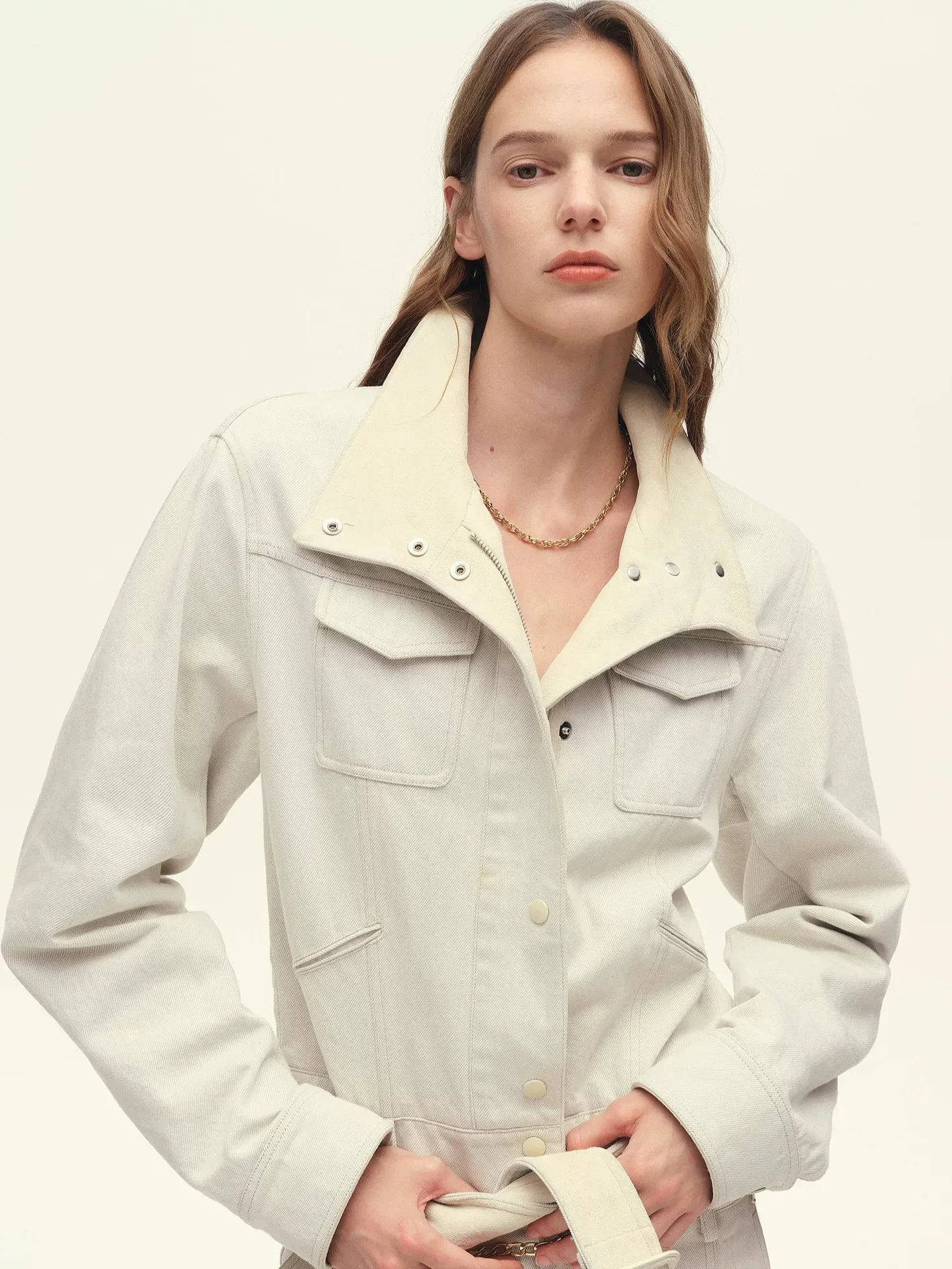 Firelady Fur Women's Suede & Washed Denim Cropped Jacket – High-Waisted Convertible-Collar Design with Sheepskin Trim