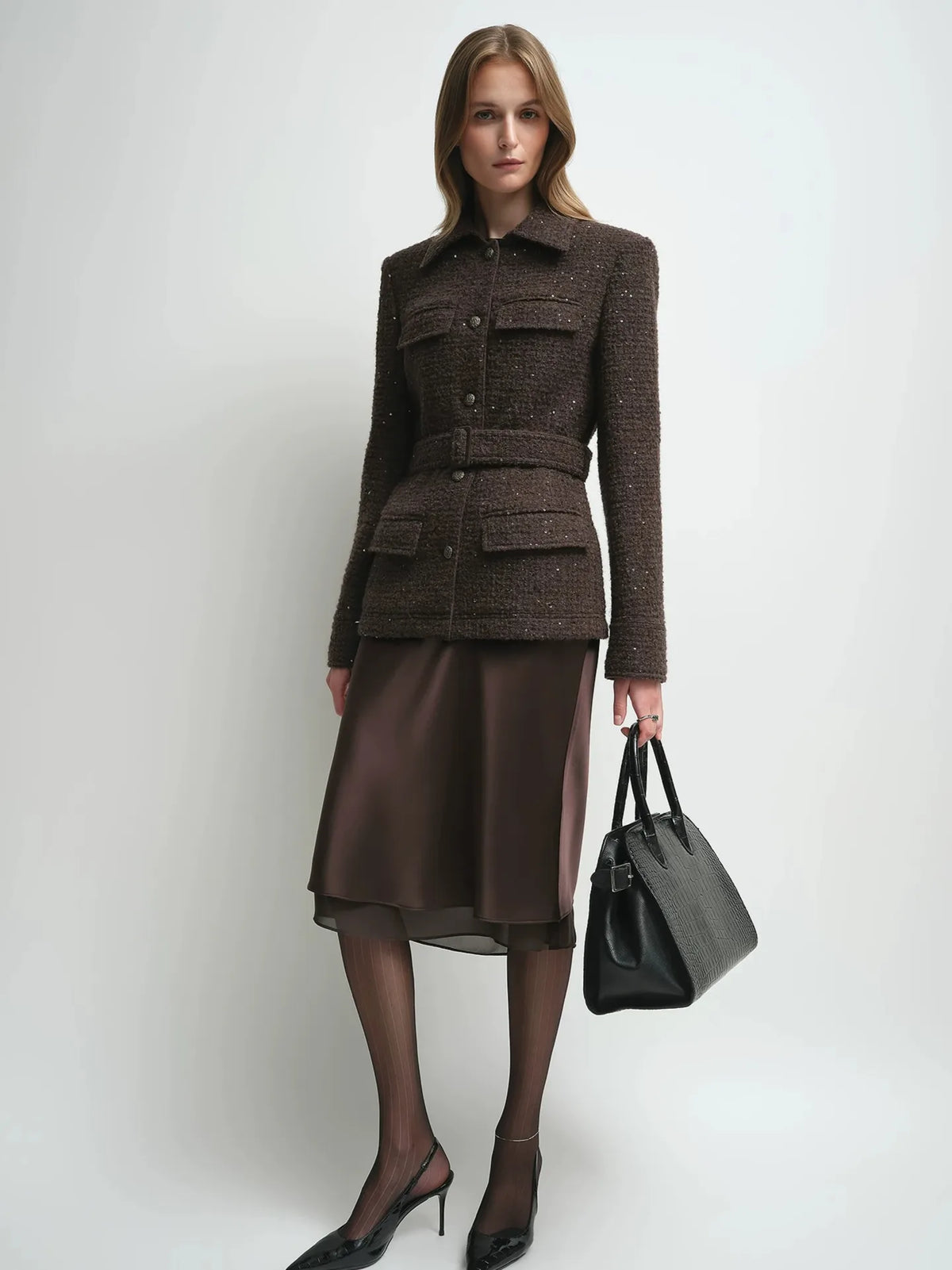 Firelady Fur Women's Wool-Blend Tweed Jacket – Belted Four-Pocket Design