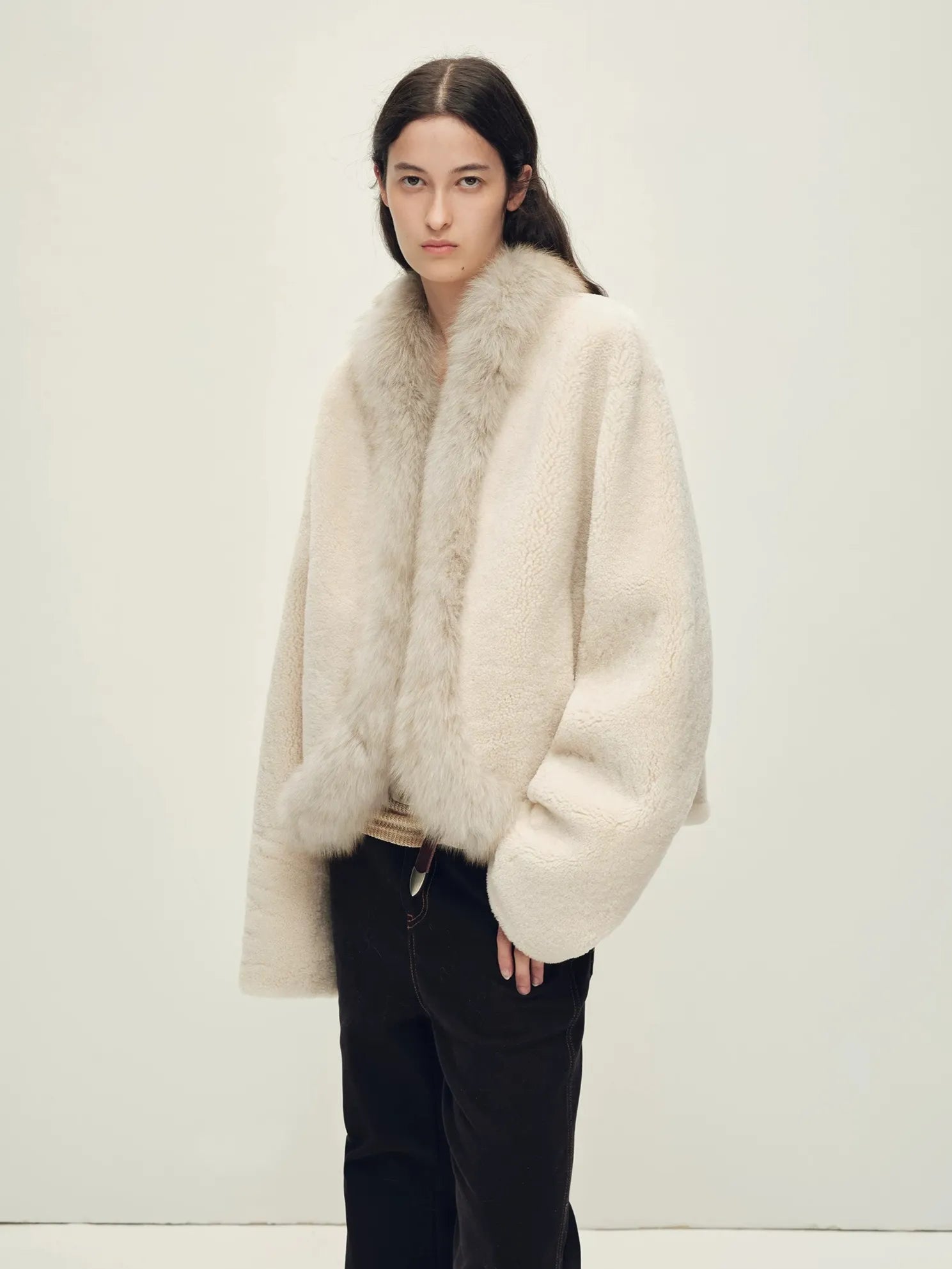 Firelady Fur Women's South African Merino Shearling Coat – Ombré Fox Fur Collar & Placket