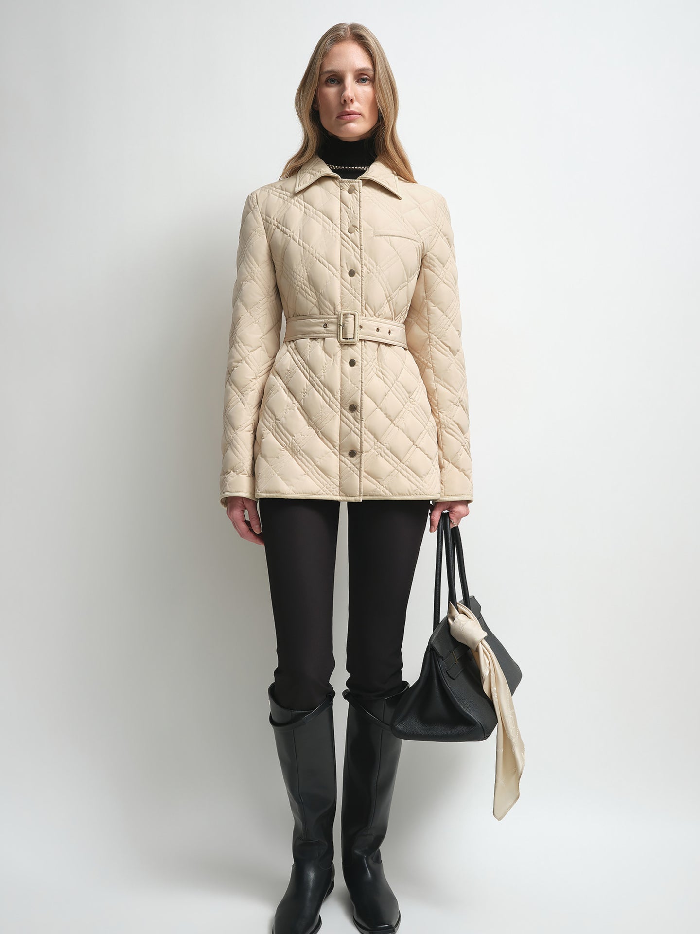Firelady Fur Women's Belted Quilted Down Jacket – Diamond-Stitch Design