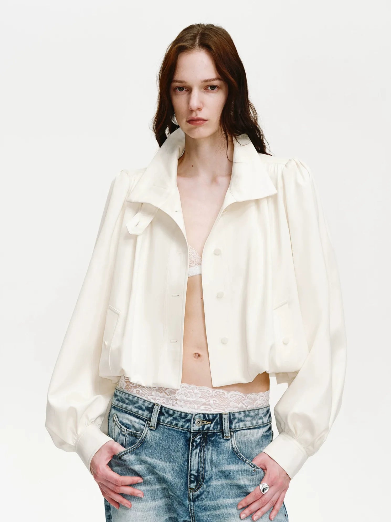 Firelady Fur Women's Cropped Trench Jacket – Ruched Balloon Sleeves
