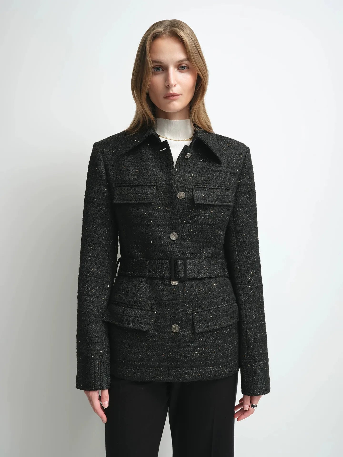 Firelady Fur Women's Wool-Blend Tweed Jacket – Belted Four-Pocket Design