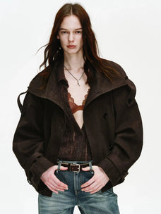 Firelady Fur Women's Washed Combed Cotton Double-Breasted Jacket – Convertible Stand Collar