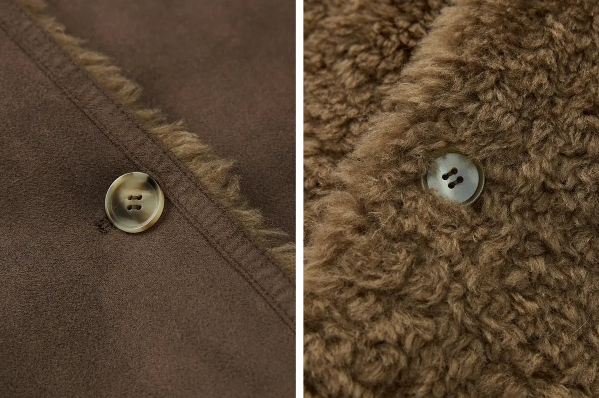 Manteau réversible pour femme Firelady en faux daim et imitation peau lainée – Col tailleur