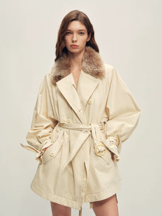 Firelady Fur Women's Belted Down Trench Parka - Shearling Collar in Beige Gray - front half