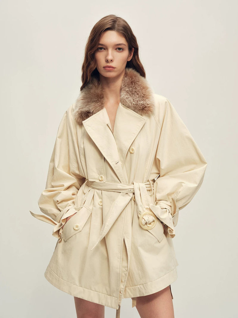 Firelady Fur Women's Belted Down Trench Parka - Shearling Collar in Beige Gray - front half