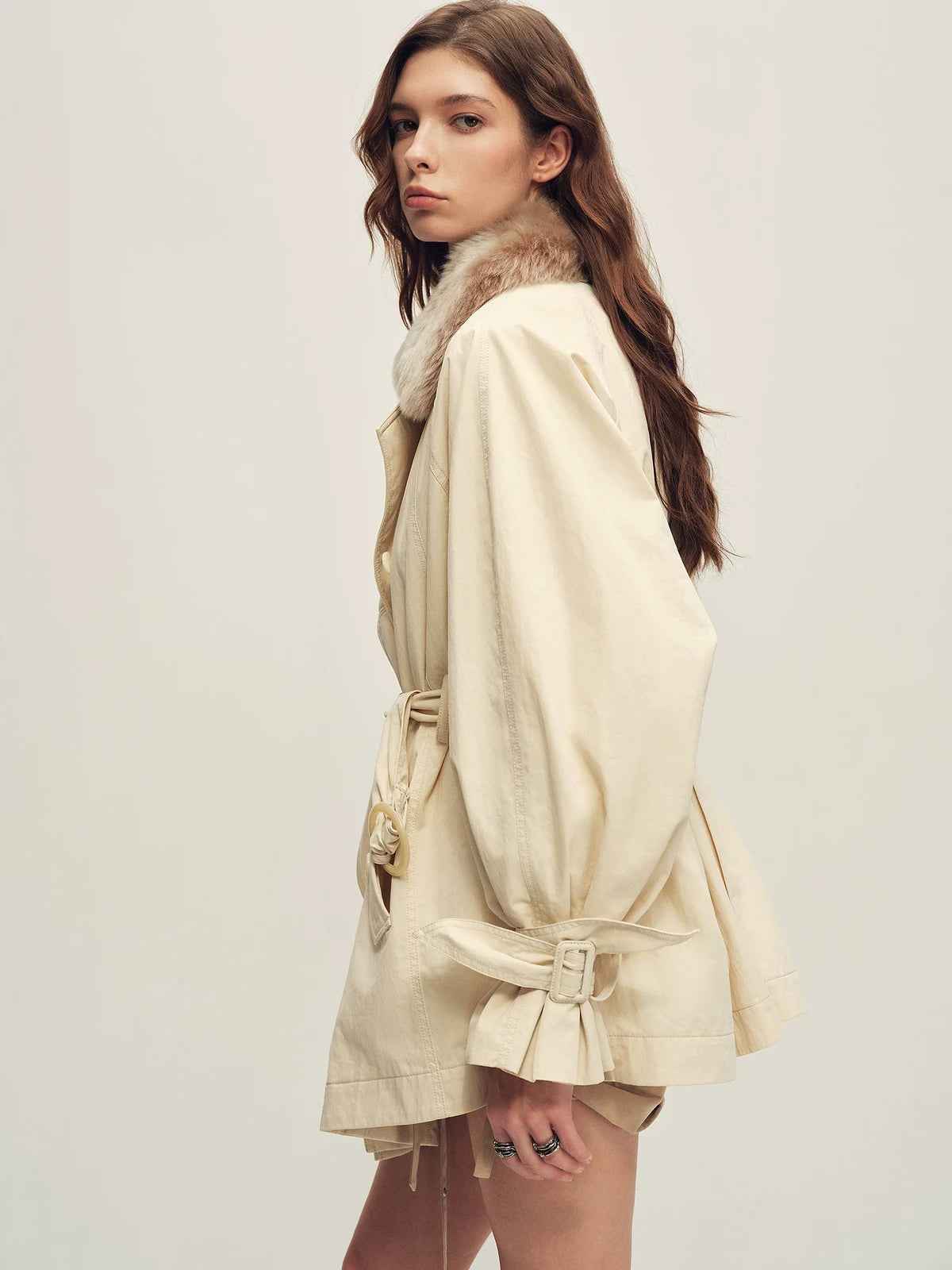 Firelady Fur Women's Belted Down Trench Parka - Shearling Collar in Beige Gray - view 2