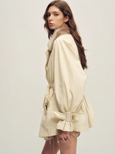 Firelady Fur Women's Belted Down Trench Parka - Shearling Collar in Beige Gray - view 2