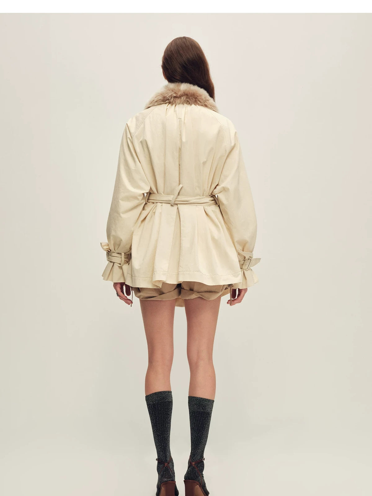 Firelady Fur Women's Belted Down Trench Parka - Shearling Collar in Beige Gray - view 3