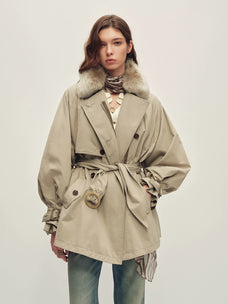 Firelady Fur Women's Belted Down Trench Parka - Shearling Collar in Gray-Green - front half