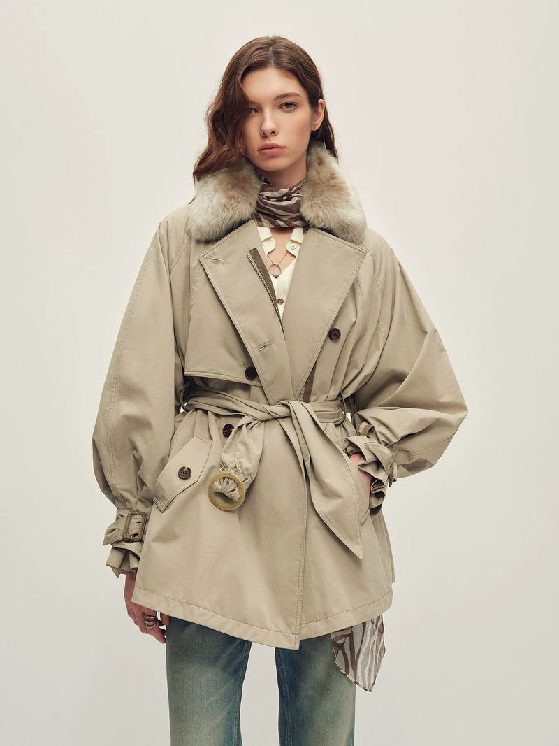 Firelady Fur Women's Belted Down Trench Parka - Shearling Collar in Gray-Green - front half