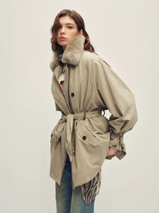 Firelady Fur Women's Belted Down Trench Parka - Shearling Collar in Gray-Green - view 2