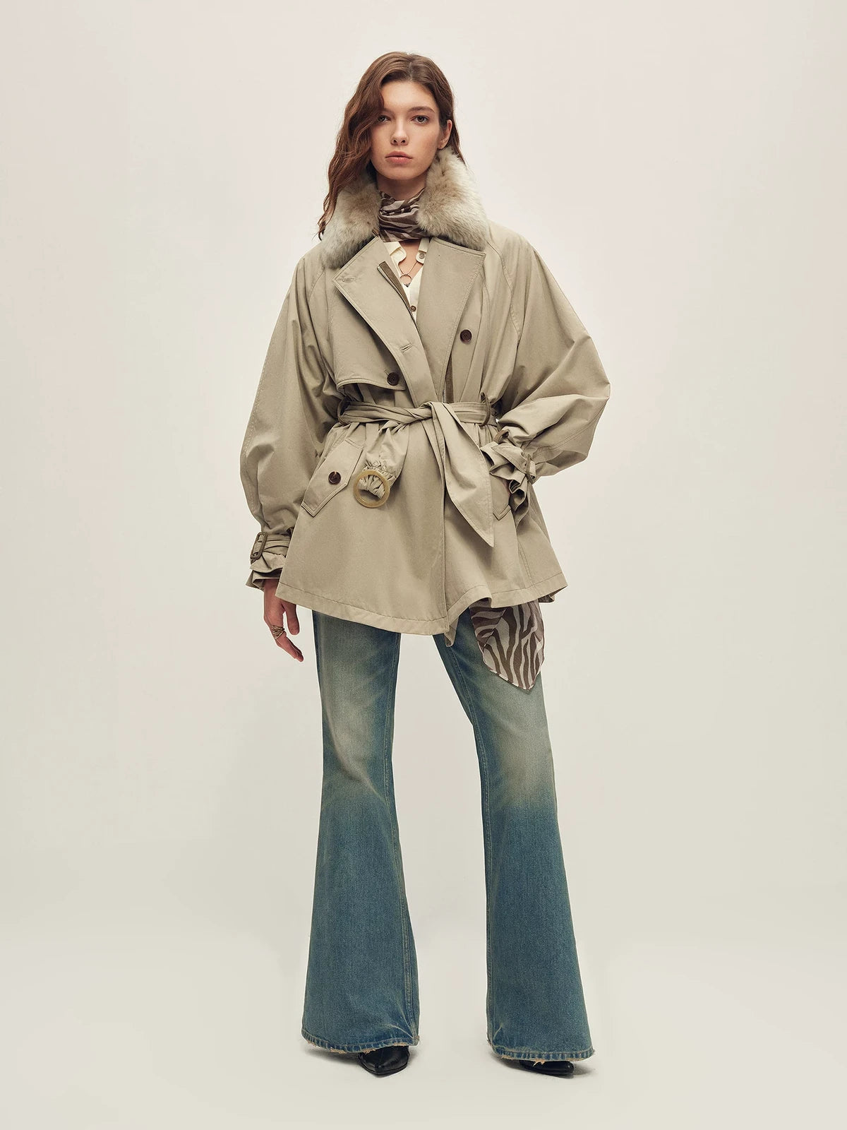 Firelady Fur Women's Belted Down Trench Parka - Shearling Collar in Gray-Green - view 3