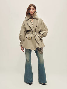 Firelady Fur Women's Belted Down Trench Parka - Shearling Collar in Gray-Green - view 3