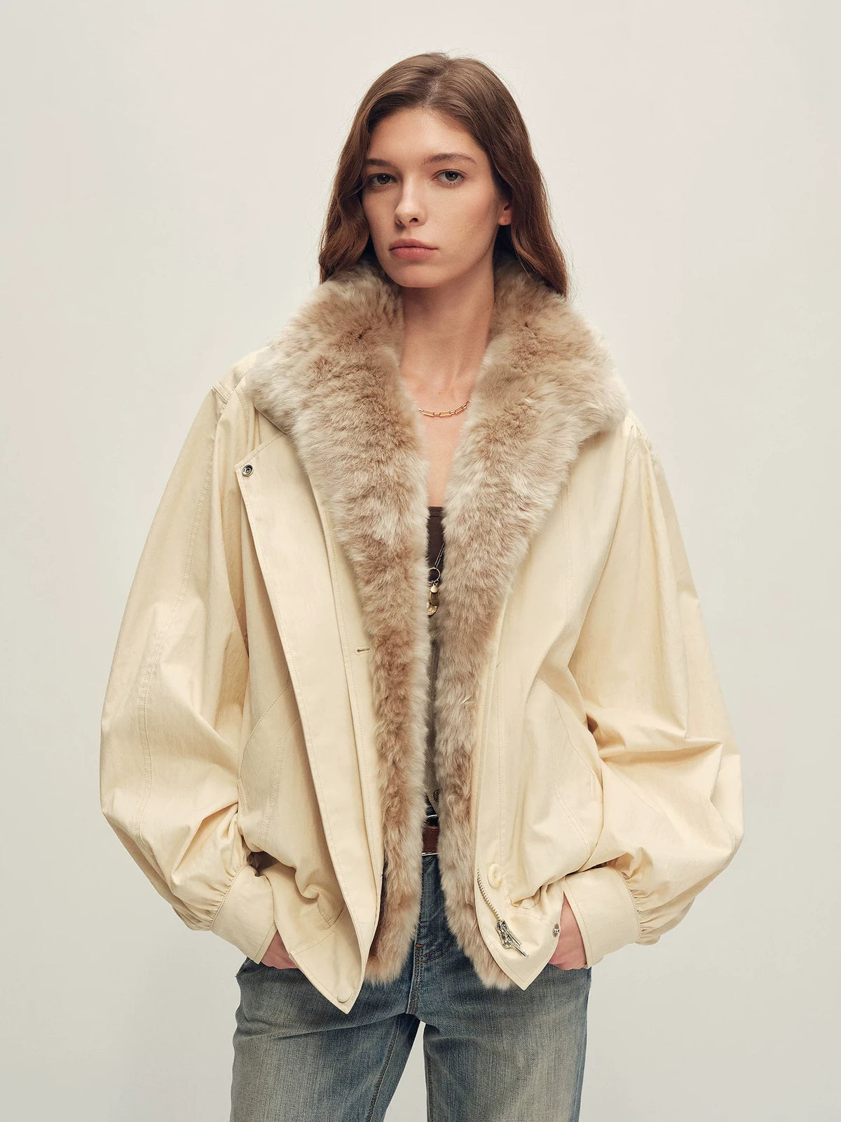 Firelady Fur Women's Harrington Down Parka - Detachable Merino Collar in Beige Gray - front half