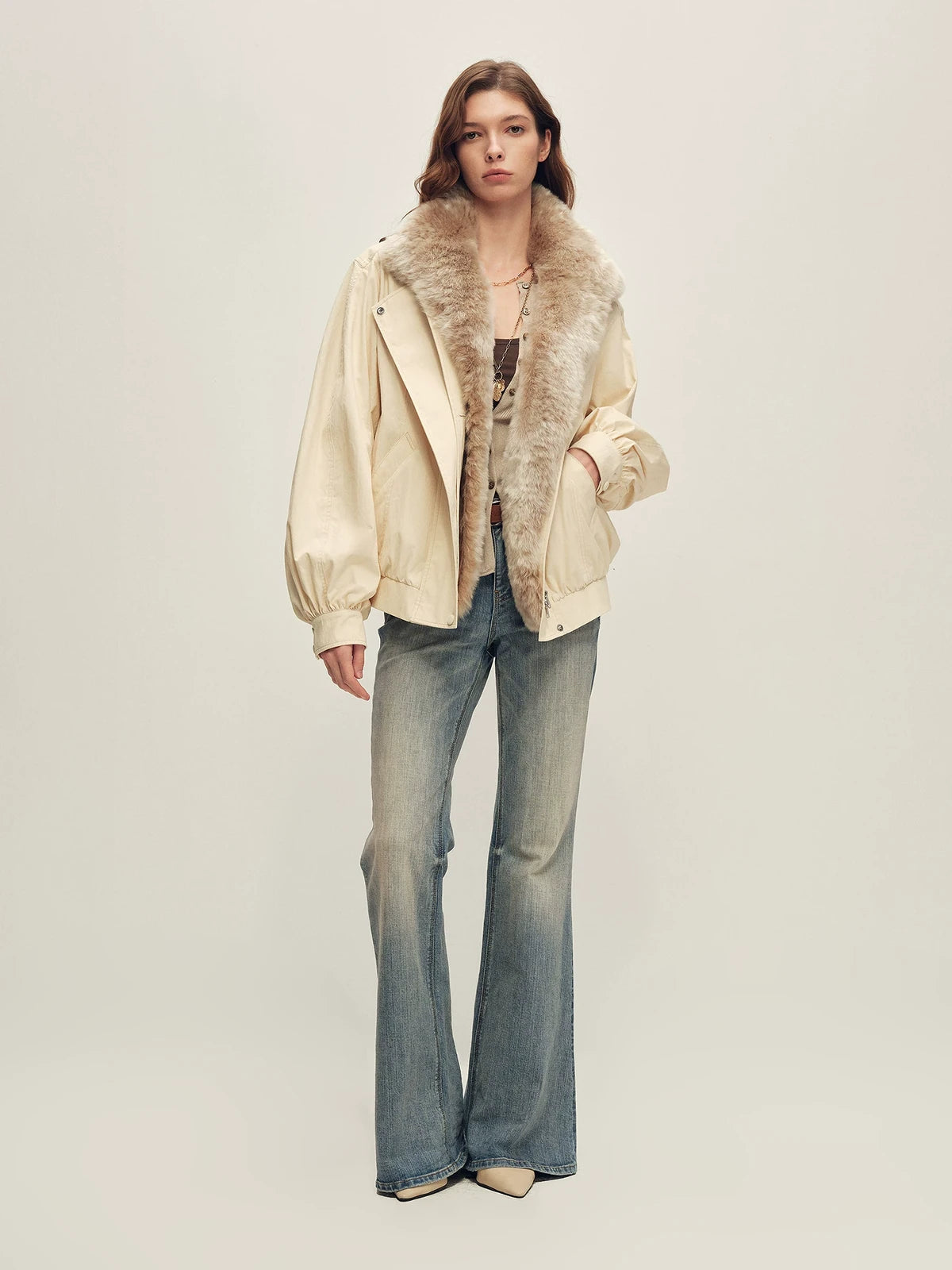 Firelady Fur Women's Harrington Down Parka - Detachable Merino Collar in Beige Gray - view 3