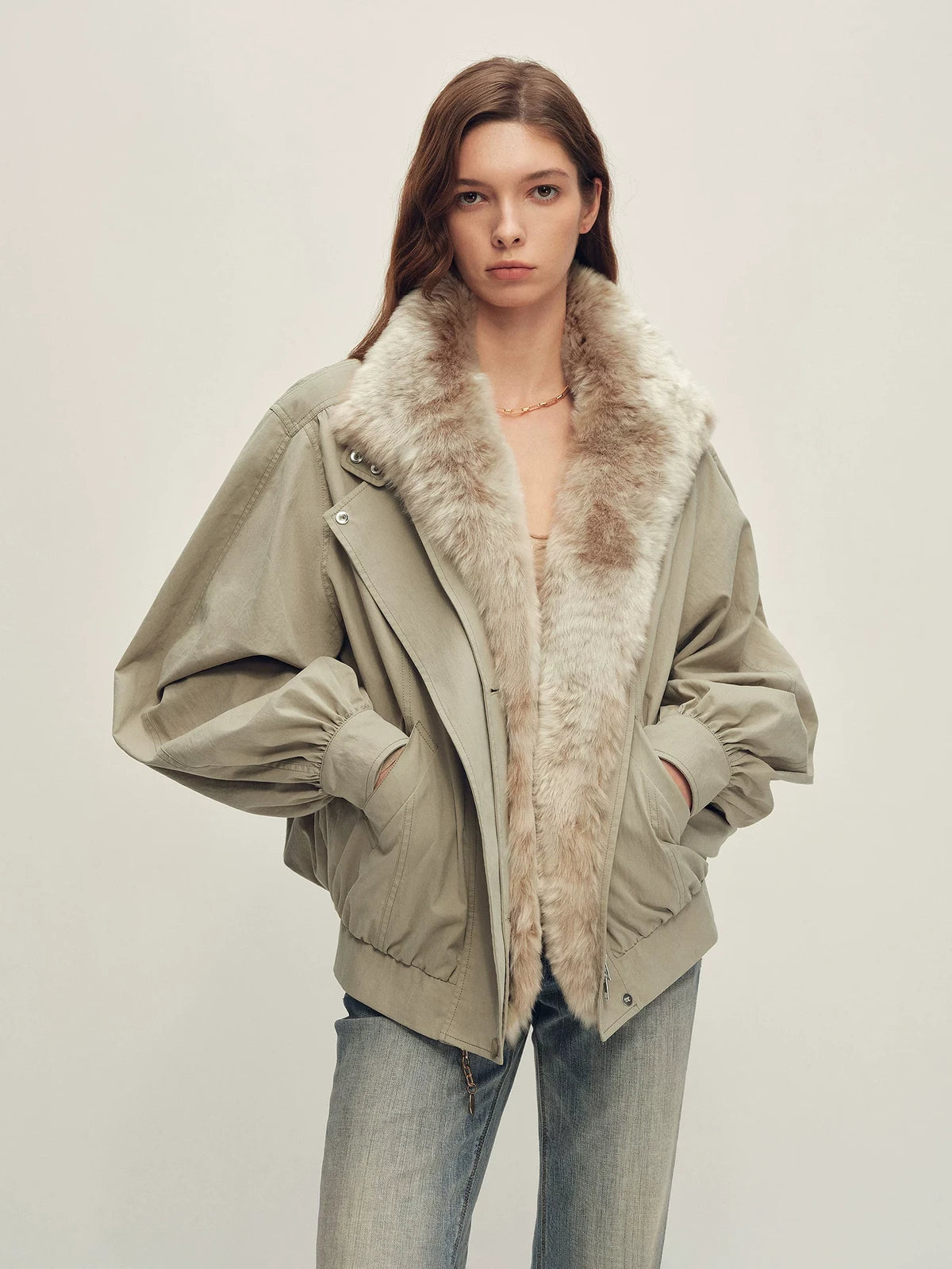 Firelady Fur Women's Harrington Down Parka - Detachable Merino Collar in Gray-Green - front half