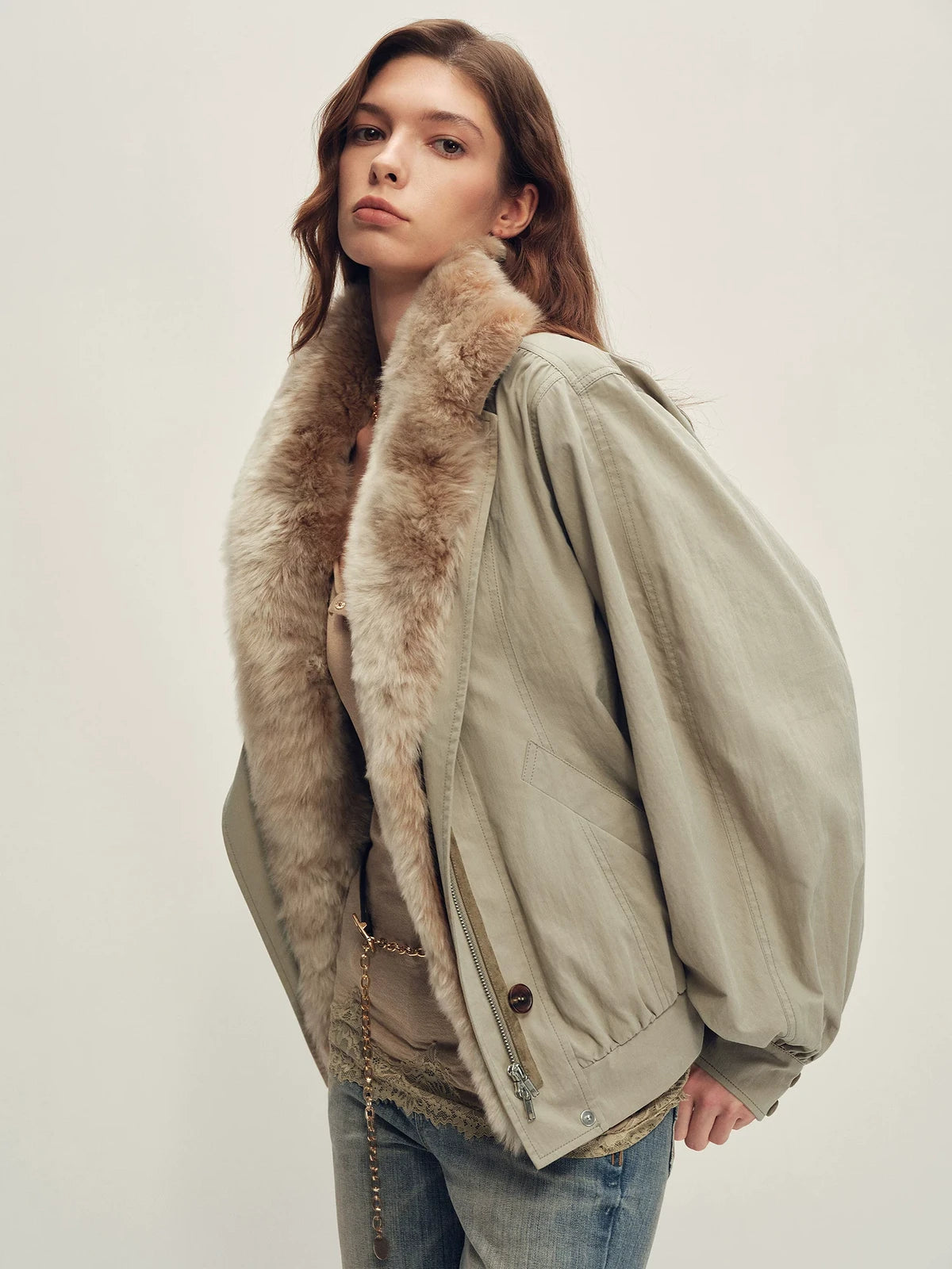 Firelady Fur Women's Harrington Down Parka - Detachable Merino Collar in Gray-Green - view 2