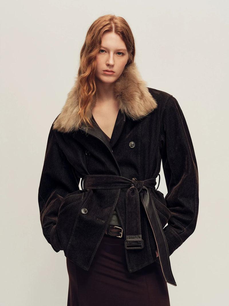 Firelady Fur Women's Belted Down Parka Jacket - Shearling Collar in Chestnut Brown - front half