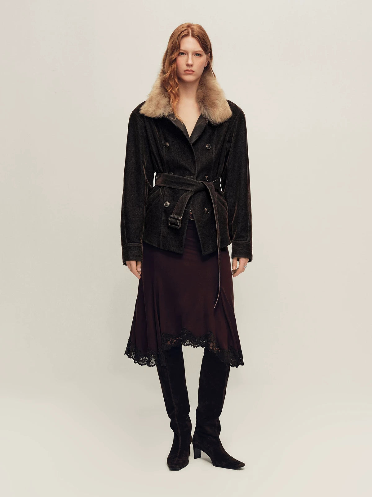 Firelady Fur Women's Belted Down Parka Jacket - Shearling Collar in Chestnut Brown - view 3