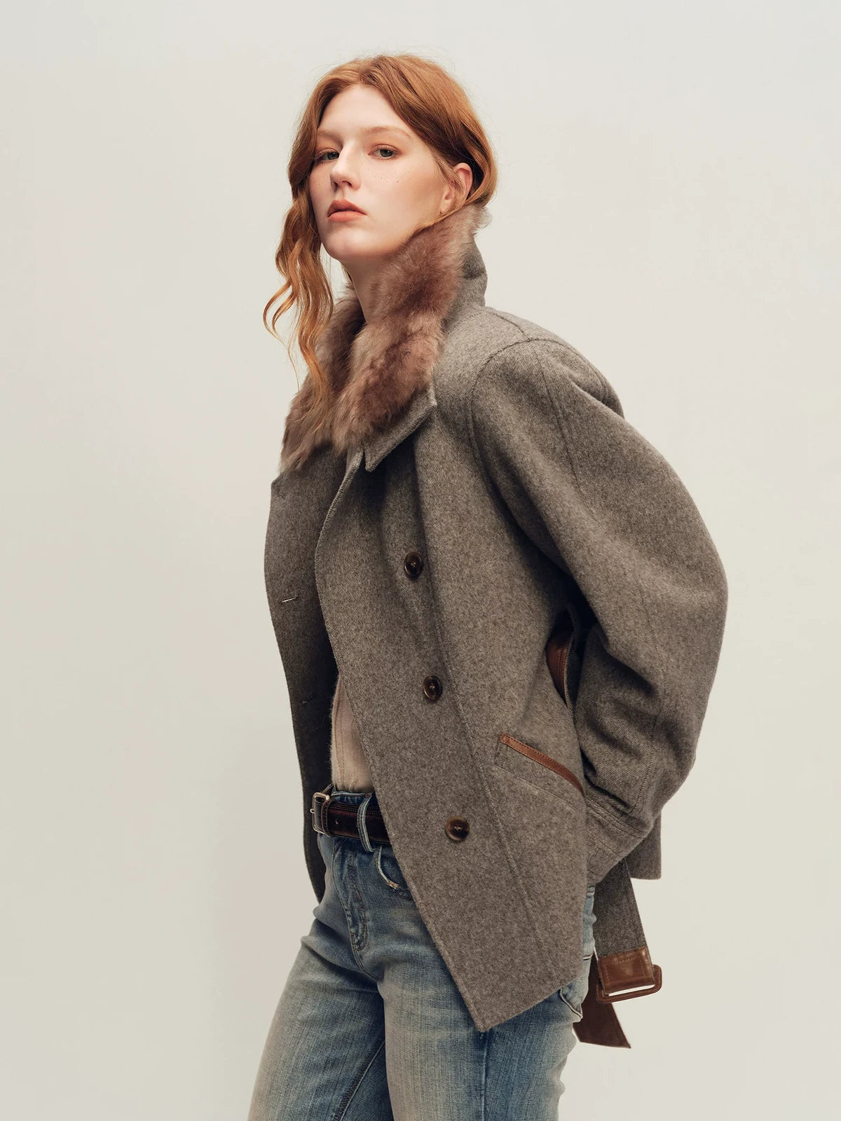 Firelady Fur Women's Belted Wool Parka Jacket - Shearling Collar in Heather Taupe - view 2