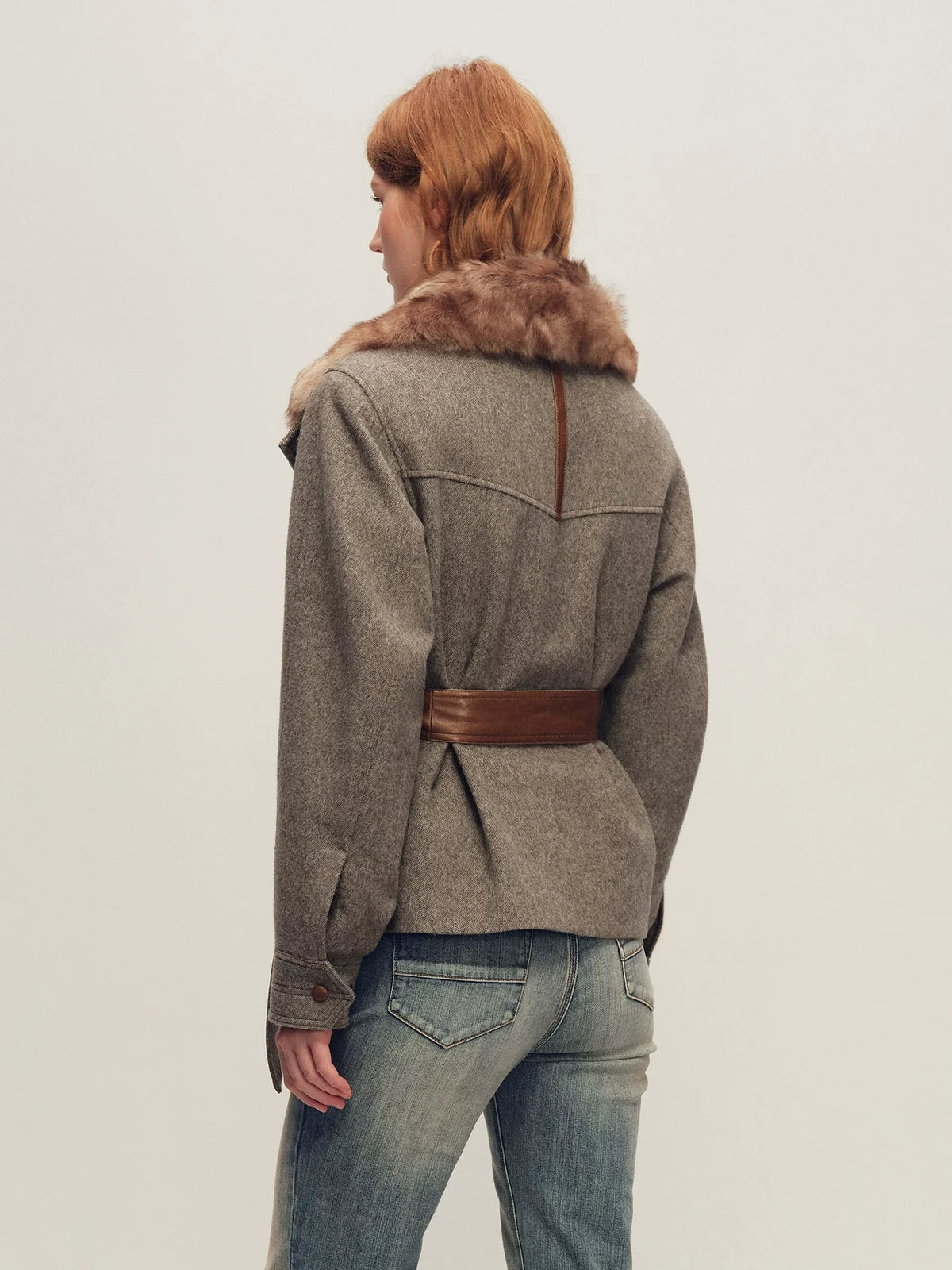 Firelady Fur Women's Belted Wool Parka Jacket - Shearling Collar in Heather Taupe - view 3