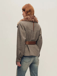 Firelady Fur Women's Belted Wool Parka Jacket - Shearling Collar in Heather Taupe - view 3