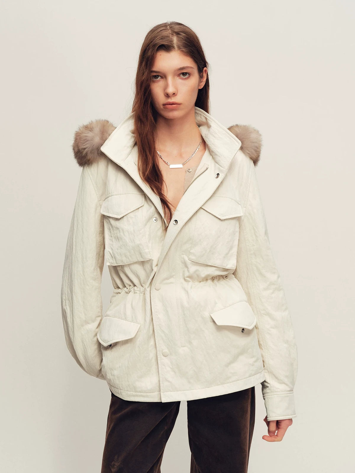 Firelady Fur Women's Hooded Down Parka - Detachable Fur Trim in Salt Sea Beige - front half