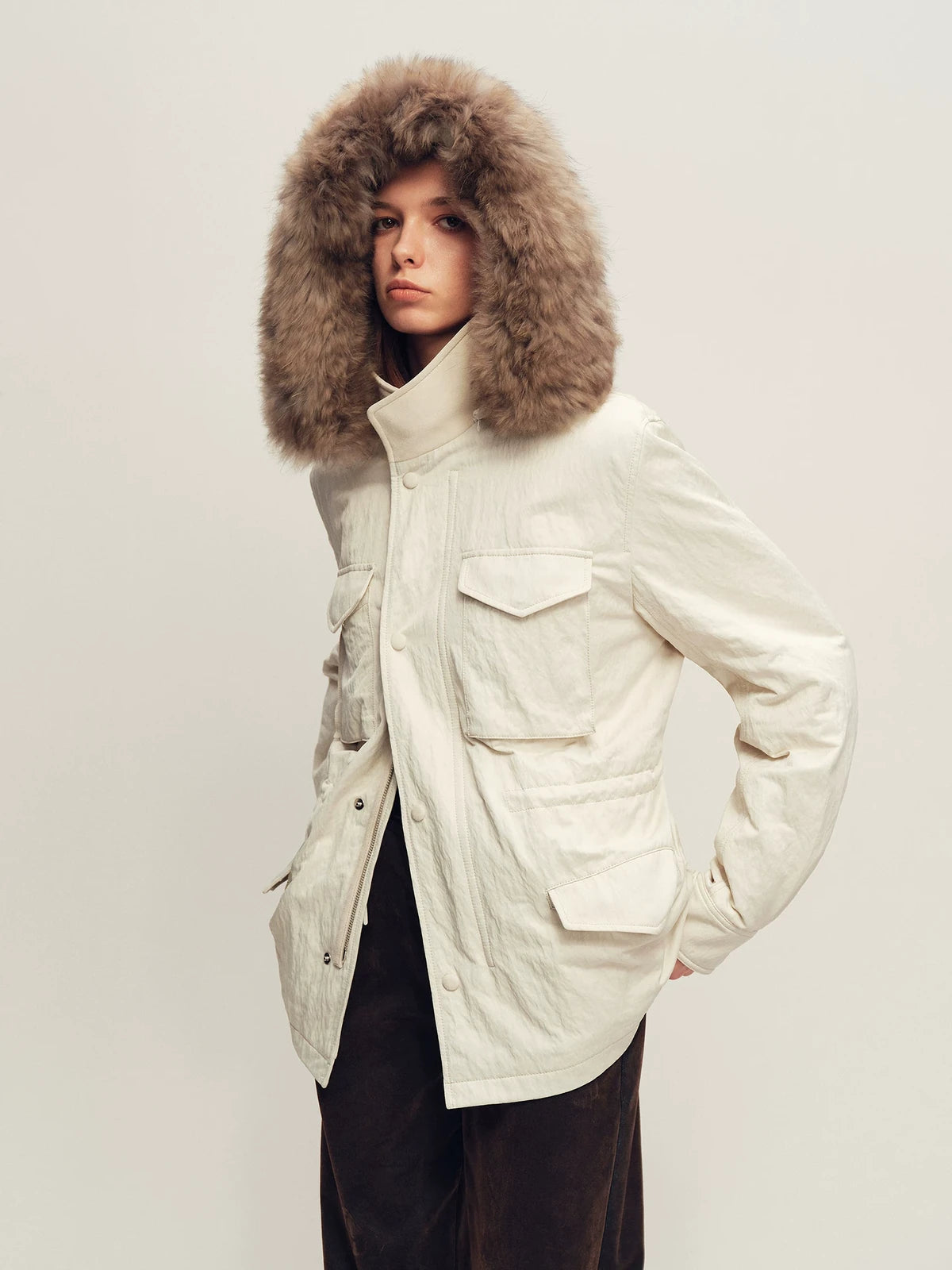 Firelady Fur Women's Hooded Down Parka - Detachable Fur Trim in Salt Sea Beige - view 2